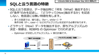19
SQLと云う言語の特徴
 SQLと云う言語は、データ抽出時に「何を（What）抽出するか」
の“条件”のみを記述し、「どうやって(How)抽出するか」を記述
しない、他言語には無い特徴を有します。
– 多くの言語では、繰り返し（for～, while～）や
条件分岐（if～, case～）などのアルゴリズムを記述する必要があります。
 どうやって（How）データを抽出するか、即ちアルゴリズムの
決定・制御は、RDBMS の Optimizer で行われます。
– Optimizer が決定したアルゴリズム = 実行計画です。
プログラム
“条件”のみを記述
OptimizerSQL データ
アルゴリズムを決定／制御
※Oracle DBA & Developer Day 2013 資料より
 