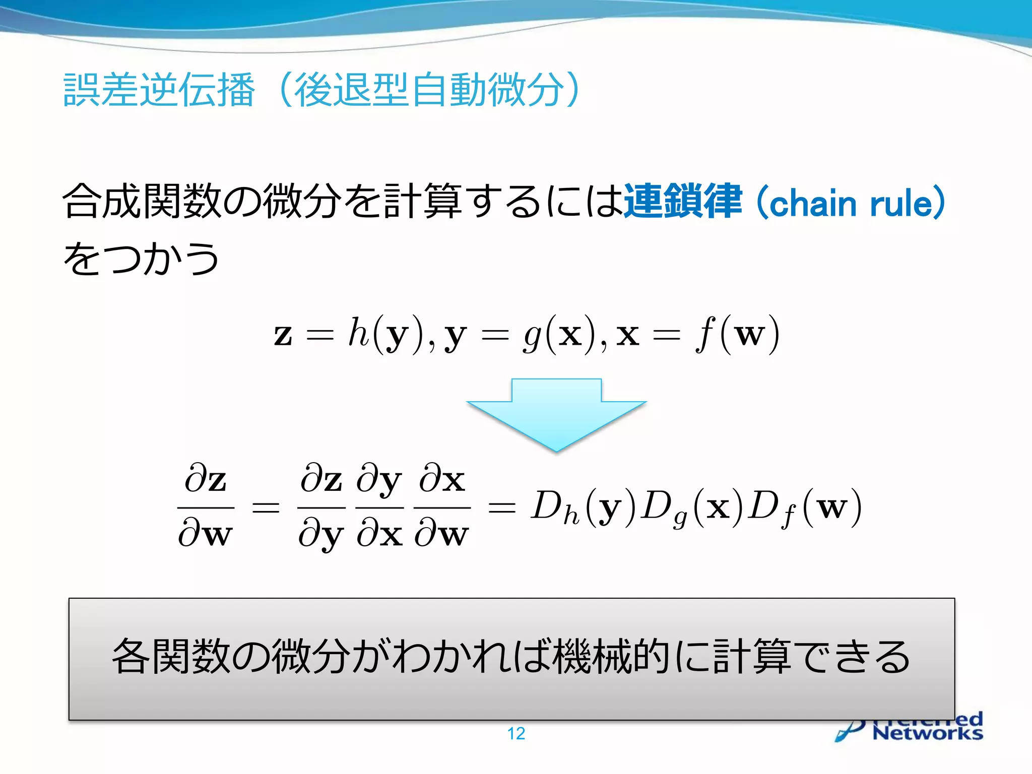 誤差逆伝播（後退型自動微分）
合成関数の微分を計算するには連鎖律 (chain rule)
をつかう
12
各関数の微分がわかれば機械的に計算できる
 
