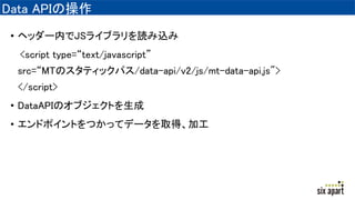 Data APIβ
? إå`ڤJS饤֥iz
<script type=text/javascript
src=/slideshow/20151206-hamamatsu-handson/55859782/MTΥƥåѥ/data-api/v2/js/mt-data-api.js">
</script>
? DataAPIΥ֥Ȥ
? ɥݥȤĤäƥǩ`ȡáӹ
 