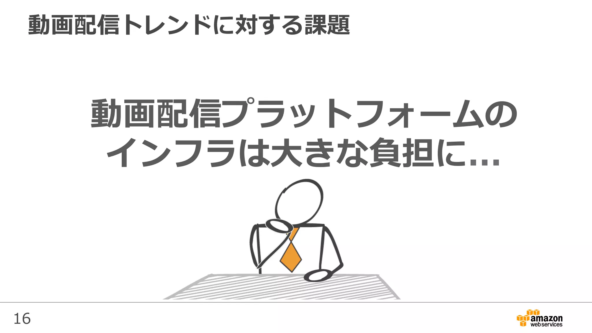 16
動画配信トレンドに対する課題
動画配信プラットフォームの
インフラは⼤きな負担に...
 