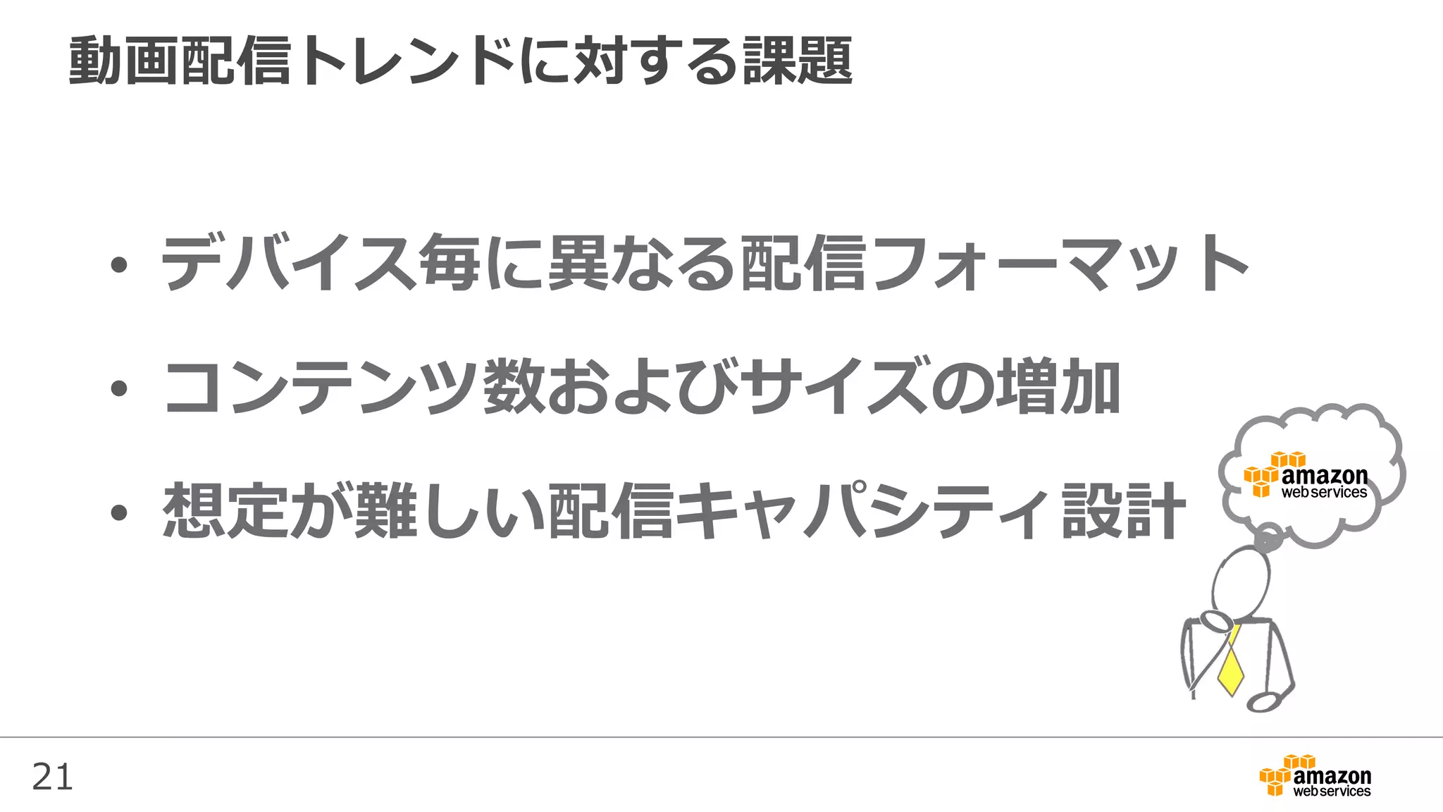 21
動画配信トレンドに対する課題
•  デバイス毎に異なる配信フォーマット
•  コンテンツ数およびサイズの増加
•  想定が難しい配信キャパシティ設計
 