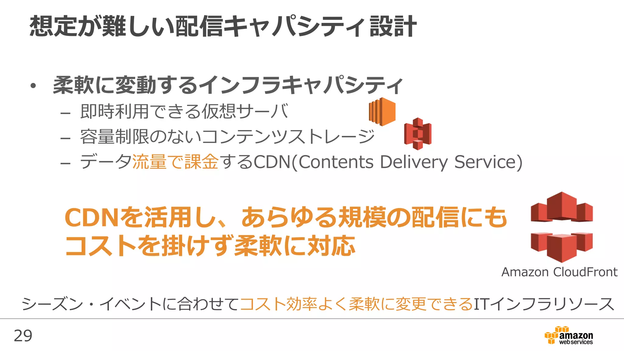 29
想定が難しい配信キャパシティ設計
•  柔軟に変動するインフラキャパシティ
–  即時利⽤できる仮想サーバ
–  容量制限のないコンテンツストレージ
–  データ流量で課⾦するCDN(Contents Delivery Service)
シーズン・イベントに合わせてコスト効率よく柔軟に変更できるITインフラリソース
CDNを活⽤し、あらゆる規模の配信にも
コストを掛けず柔軟に対応
Amazon CloudFront
 