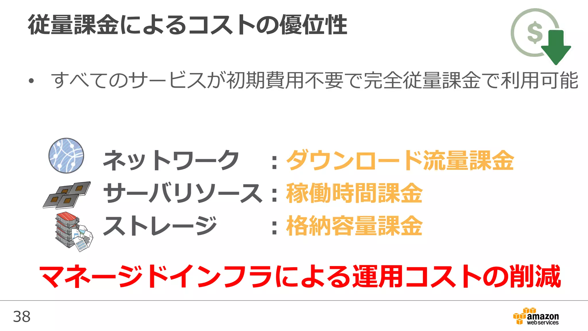 38
従量課⾦によるコストの優位性
•  すべてのサービスが初期費⽤不要で完全従量課⾦で利⽤可能
  ネットワーク ：ダウンロード流量課⾦
  サーバリソース：稼働時間課⾦
  ストレージ  ：格納容量課⾦
マネージドインフラによる運⽤コストの削減
 