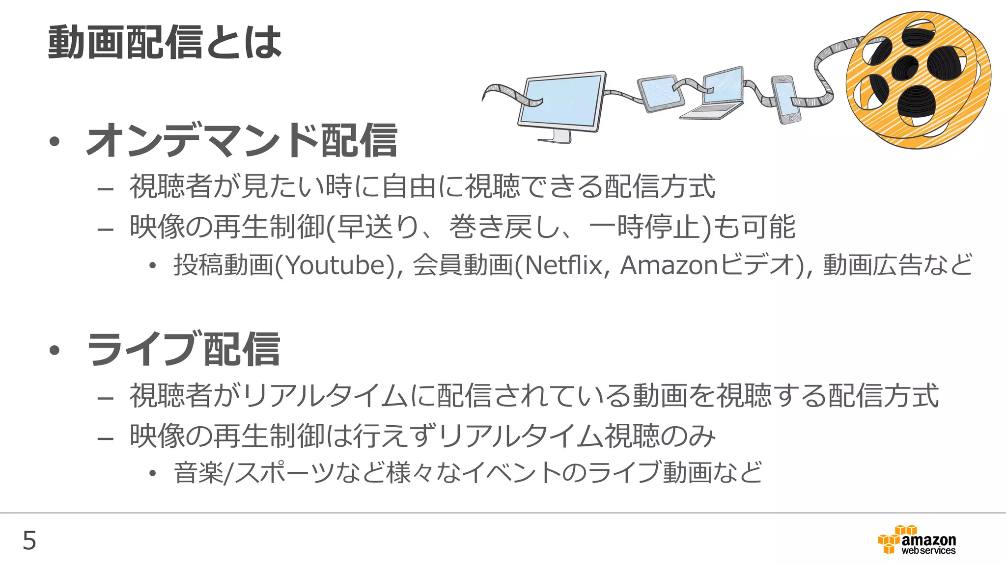 5
動画配信とは
•  オンデマンド配信
–  視聴者が⾒たい時に⾃由に視聴できる配信⽅式
–  映像の再⽣制御(早送り、巻き戻し、⼀時停⽌)も可能
•  投稿動画(Youtube), 会員動画(Netﬂix, Amazonビデオ), 動画広告など
•  ライブ配信
–  視聴者がリアルタイムに配信されている動画を視聴する配信⽅式
–  映像の再⽣制御は⾏えずリアルタイム視聴のみ
•  ⾳楽/スポーツなど様々なイベントのライブ動画など
 