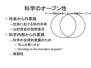 科学のオープン性
• 社会からの要請
– 社会における知の共有
– 公的資金の説明責任
• 科学内部からの要請
– 科学の自律的発展のため
• “巨人の肩にのる”
• “Standing on the shoulders of giants”
– 再現性
データ・情報の共有 データ・情報のオープン化
 
