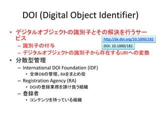 DOI (Digital Object Identifier)
• デジタルオブジェクトの識別子とその解決を行うサー
ビス
– 識別子の付与
– デジタルオブジェクトの識別子から存在するURIへの変換
• 分散型管理
– International DOI Foundation (IDF)
• 全体DBの管理、RAをまとめ役
– Registration Agency (RA)
• DOIの登録業務を請け負う組織
– 登録者
• コンテンツを持っている組織
http://dx.doi.org/10.1000/182
DOI: 10.1000/182
 