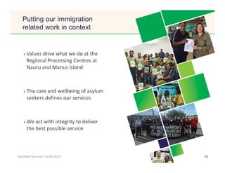Click to edit Master title style
10Transfield Services | AGM 2015
Values drive what we do at the
Regional Processing Centres at
Nauru and Manus Island
The care and wellbeing of asylum
seekers defines our services
We act with integrity to deliver
the best possible service
Putting our immigration
related work in context
 