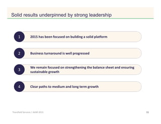 Click to edit Master title style
11Transfield Services | AGM 2015
2015 has been focused on building a solid platform
Business turnaround is well progressed
We remain focused on strengthening the balance sheet and ensuring
sustainable growth
Clear paths to medium and long term growth
1
2
3
4
Solid results underpinned by strong leadership
 