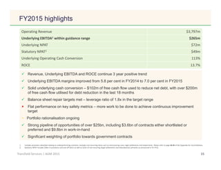 Click to edit Master title style
15Transfield Services | AGM 2015
FY2015 highlights
Revenue, Underlying EBITDA and ROCE continue 3 year positive trend
Underlying EBITDA margins improved from 5.8 per cent in FY2014 to 7.0 per cent in FY2015
Solid underlying cash conversion – $102m of free cash flow used to reduce net debt, with over $200m
of free cash flow utilised for debt reduction in the last 18 months
Balance sheet repair targets met – leverage ratio of 1.8x in the target range
Flat performance on key safety metrics – more work to be done to achieve continuous improvement
target
~ Portfolio rationalisation ongoing
Strong pipeline of opportunities of over $25bn, including $3.6bn of contracts either shortlisted or
preferred and $9.8bn in work-in-hand
Significant weighting of portfolio towards government contracts
1. Includes provisions absorbed relating to underperforming contracts; excludes non-recurring items such as restructuring costs, legal settlements and impairments. Please refer to page 34-35 of the Appendix for reconciliations.
2. Statutory NPAT includes $36m in provisions and one-off items as well as $23m of non-recurring (legal settlements and redundancies) primarily as announced in H1 FY15.
Operating Revenue $3,797m
Underlying EBITDA1 within guidance range $265m
Underlying NPAT $72m
Statutory NPAT2 $49m
Underlying Operating Cash Conversion 113%
ROCE 13.7%
 