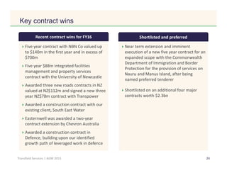 Click to edit Master title style
24Transfield Services | AGM 2015
Key contract wins
Recent contract wins for FY16 Shortlisted and preferred
Five year contract with NBN Co valued up
to $140m in the first year and in excess of
$700m
Five year $88m integrated facilities
management and property services
contract with the University of Newcastle
Awarded three new roads contracts in NZ
valued at NZ$112m and signed a new three
year NZ$78m contract with Transpower
Awarded a construction contract with our
existing client, South East Water
Easternwell was awarded a two-year
contract extension by Chevron Australia
Awarded a construction contract in
Defence, building upon our identified
growth path of leveraged work in defence
Near term extension and imminent
execution of a new five year contract for an
expanded scope with the Commonwealth
Department of Immigration and Border
Protection for the provision of services on
Nauru and Manus Island, after being
named preferred tenderer
Shortlisted on an additional four major
contracts worth $2.3bn
 