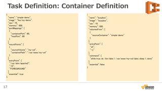 17
Task Definition: Container Definition
{
"name": "simple-demo",
"image": "foo/my-demo",
"cpu": 10,
"memory": 500,
"portMappings": [
{
"containerPort": 80,
"hostPort": 80
}
],
"mountPoints": [
{
"sourceVolume": "my-vol",
"containerPath": "/var/www/my-vol"
}
],
"entryPoint": [
"/usr/sbin/apache2",
"-D",
"FOREGROUND"
],
"essential": true
},
{
"name": "busybox",
"image": "busybox",
"cpu": 10,
"memory": 500,
"volumesFrom": [
{
"sourceContainer": "simple-demo"
}
],
"entryPoint": [
"sh",
"-c"
],
"command": [
"while true; do /bin/date > /var/www/my-vol/date; sleep 1; done"
],
"essential": false
}
 