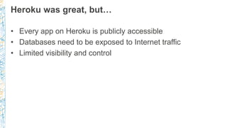 Heroku was great, but…
• Every app on Heroku is publicly accessible
• Databases need to be exposed to Internet traffic
• Limited visibility and control
 