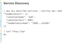 Service Discovery
$ aws ecs describe-services --service api--web
"loadBalancers": [{
"containerName": "web”,
"containerPort": 9001,
"loadBalancerName”: "2888...a31d4c”
}]
$ curl http://api
Ok
 