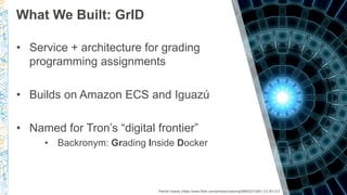 What We Built: GrID
Patrick Hoesly (https://www.flickr.com/photos/zooboing/5665221326/) CC-BY-2.0
• Service + architecture for grading
programming assignments
• Builds on Amazon ECS and Iguazú
• Named for Tron’s “digital frontier”
• Backronym: Grading Inside Docker
 