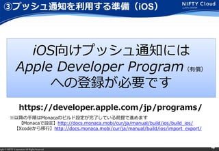 right ? NIFTY Corporation All Rights Reserved. *
ۥץå֪ͨäʂ䣨iOS
iOS򤱥ץå֪ͨˤ
Apple Developer ProgramЃ
ؤεhҪǤ
https://developer.apple.com/jp/programs/
Խ혤MonacaΥӥOˤƤǰMޤ
MonacaOhttp://docs.monaca.mobi/cur/ja/manual/build/ios/build_ios/
XcodeСhttp://docs.monaca.mobi/cur/ja/manual/build/ios/import_export/
 