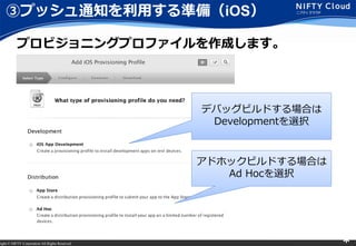 right ? NIFTY Corporation All Rights Reserved. *
ۥץå֪ͨäʂ䣨iOS
ץӥ˥󥰥ץեɤޤ
ǥХåӥɤϤ
Developmentxk
ɥۥåӥɤϤ
Ad Hocxk
 