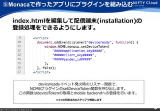 right ? NIFTY Corporation All Rights Reserved. *
Monacaäץ˥ץ饰Mz
index.html򾎼Ŷĩ(installation)
hIǤ褦ˤޤ
deviceready٥ȰkrΥꥹʩ`vǡ
NCMBץ饰setDeviceTokenvӳޤ
vdeviceTokenȡämobile backendؤεhФޤ
3ĤϴΤΥƥåפǽhޤ
 