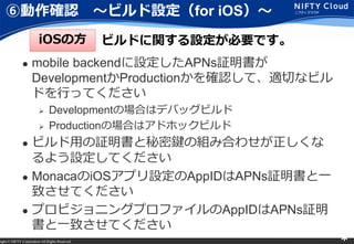 right ? NIFTY Corporation All Rights Reserved. *
ބ_J ?ӥOfor iOS?
? mobile backendOAPNs^
DevelopmentProduction_JơmФʥӥ
ɤФäƤ
? DevelopmentΈϤϥǥХåӥ
? ProductionΈϤϥɥۥåӥ
? ӥä^IνMߺϤ碌
褦OƤ
? MonacaiOSץOAppIDAPNs^һ
¤Ƥ
? ץӥ˥󥰥ץեAppIDAPNs^
һ¤Ƥ
iOSη ӥɤvOҪǤ
 