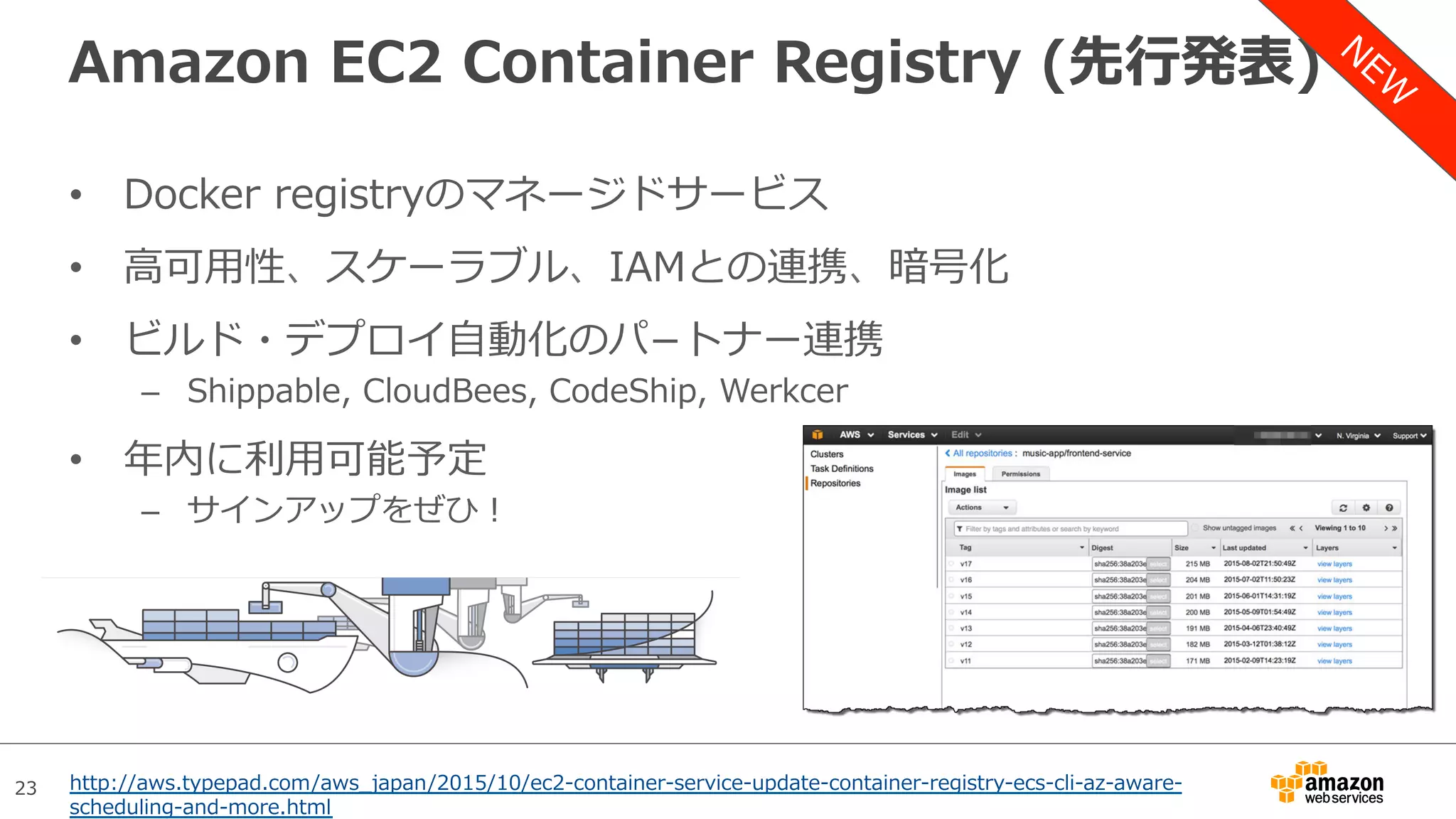 23
Amazon EC2 Container Registry (先⾏発表)
•  Docker registryのマネージドサービス
•  ⾼可⽤性、スケーラブル、IAMとの連携、暗号化
•  ビルド・デプロイ⾃動化のパ­トナー連携
–  Shippable, CloudBees, CodeShip, Werkcer
•  年内に利⽤可能予定
–  サインアップをぜひ！
http://aws.typepad.com/aws_japan/2015/10/ec2-container-service-update-container-registry-ecs-cli-az-aware-
scheduling-and-more.html
 