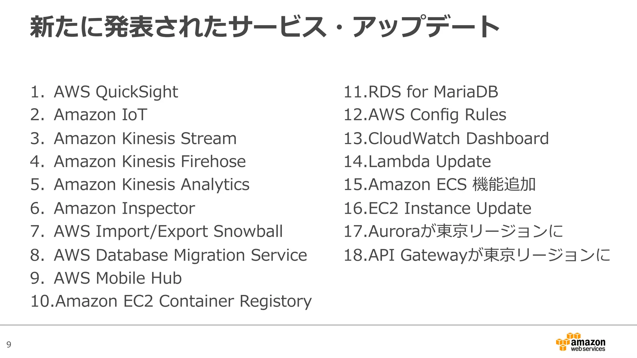 9
新たに発表されたサービス・アップデート
11. RDS for MariaDB
12. AWS Conﬁg Rules
13. CloudWatch Dashboard
14. Lambda Update
15. Amazon ECS 機能追加
16. EC2 Instance Update
17. Auroraが東京リージョンに
18. API Gatewayが東京リージョンに
1.  AWS QuickSight
2.  Amazon IoT
3.  Amazon Kinesis Stream
4.  Amazon Kinesis Firehose
5.  Amazon Kinesis Analytics
6.  Amazon Inspector
7.  AWS Import/Export Snowball
8.  AWS Database Migration Service
9.  AWS Mobile Hub
10. Amazon EC2 Container Registory
 