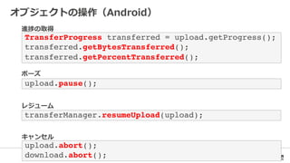 transferManager.resumeUpload(upload);!
upload.pause();!
upload.abort(); !
download.abort();!
TransferProgress transferred = upload.getProgress();!
transferred.getBytesTransferred();!
transferred.getPercentTransferred();!
 