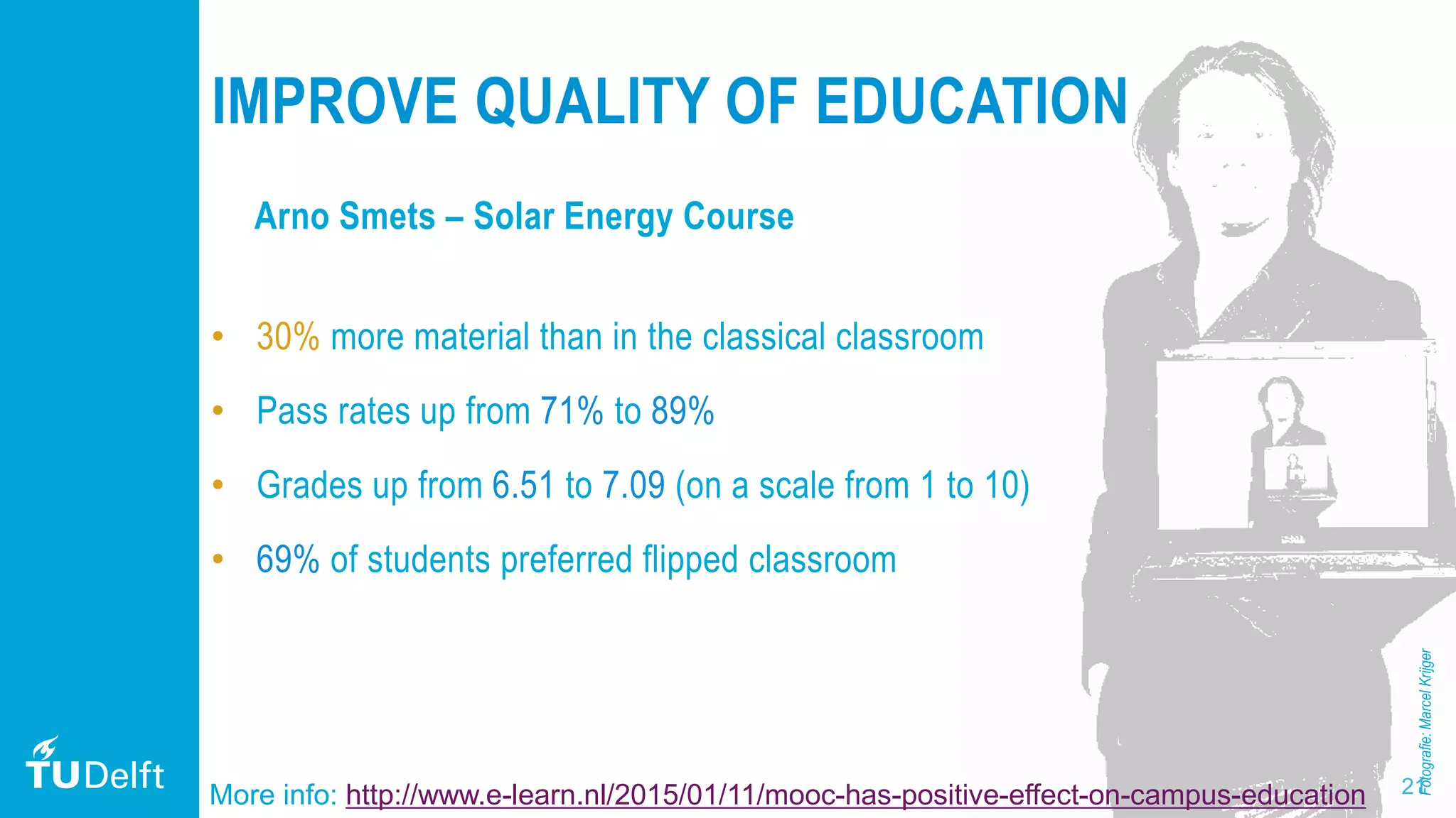 21
Arno Smets – Solar Energy Course
• 30% more material than in the classical classroom
• Pass rates up from 71% to 89%
• Grades up from 6.51 to 7.09 (on a scale from 1 to 10)
• 69% of students preferred flipped classroom
Fotografie:MarcelKrijger
IMPROVE QUALITY OF EDUCATION
More info: http://www.e-learn.nl/2015/01/11/mooc-has-positive-effect-on-campus-education
 