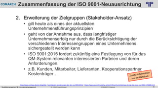 Qualitätsmanagement & Informationsmanagement COMARCH WebinarDr. Ulrich Kampffmeyer 35
© PROJECT CONSULT Unternehmensberatung Dr. Ulrich Kampffmeyer GmbH 2011 / Autorenrecht: <Vorname Nachname> Feb-16 / Quelle: PROJECT CONSULT 2
Zusammenfassung der ISO 9001-Neuausrichtung
2. Erweiterung der Zielgruppen (Stakeholder-Ansatz)
• gilt heute als eines der aktuellsten
Unternehmensführungsprinzipien
• geht von der Annahme aus, dass langfristiger
Unternehmenserfolg nur durch die Berücksichtigung der
verschiedenen Interessengruppen eines Unternehmens
sichergestellt werden kann
• ISO 9001:2015 fordert zukünftig eine Festlegung von für das
QM-System relevanten interessierten Parteien und deren
Anforderungen.
• z.B. Kunden, Mitarbeiter, Lieferanten, Kooperationspartner,
Kostenträger…
http://www.certqua.de/qm-blog/die-7-wichtigsten-aenderungen-der-din-iso-90012015/ ; https://www.qz-online.de/qz-zeitschrift/archiv/artikel/was-bringt-die-neue-iso-9001-674688.html
 
