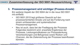 Qualitätsmanagement & Informationsmanagement COMARCH WebinarDr. Ulrich Kampffmeyer 37
© PROJECT CONSULT Unternehmensberatung Dr. Ulrich Kampffmeyer GmbH 2011 / Autorenrecht: <Vorname Nachname> Feb-16 / Quelle: PROJECT CONSULT 2
Zusammenfassung der ISO 9001-Neuausrichtung
3. Prozessmanagement wird wichtiger (Prozess-Ansatz)
Ein weiterer Aspekt der ISO 9004 der in die neue ISO 9001
mit einfließt:
• ISO 9001:2015 legt größeres Gewicht auf den
prozessorientierten Ansatz und auf die Forderung nach
einem umfassenden und systematischen
Prozessmanagement.
• Neu ist auch, dass bei der Festlegung der Prozesse
Folgendes bestimmt wird: erwartete Ergebnisse der
Prozesse, Leistungsindikatoren zur Prozesslenkung,
Verantwortungen und Befugnisse sowie Risiken und
Chancen, die die Zielerreichung der Prozesse beeinflussen
könnten.
http://www.certqua.de/qm-blog/die-7-wichtigsten-aenderungen-der-din-iso-90012015/ ; https://www.qz-online.de/qz-zeitschrift/archiv/artikel/was-bringt-die-neue-iso-9001-674688.html
 