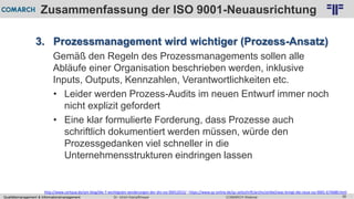 Qualitätsmanagement & Informationsmanagement COMARCH WebinarDr. Ulrich Kampffmeyer 38
© PROJECT CONSULT Unternehmensberatung Dr. Ulrich Kampffmeyer GmbH 2011 / Autorenrecht: <Vorname Nachname> Feb-16 / Quelle: PROJECT CONSULT 2
Zusammenfassung der ISO 9001-Neuausrichtung
3. Prozessmanagement wird wichtiger (Prozess-Ansatz)
Gemäß den Regeln des Prozessmanagements sollen alle
Abläufe einer Organisation beschrieben werden, inklusive
Inputs, Outputs, Kennzahlen, Verantwortlichkeiten etc.
• Leider werden Prozess-Audits im neuen Entwurf immer noch
nicht explizit gefordert
• Eine klar formulierte Forderung, dass Prozesse auch
schriftlich dokumentiert werden müssen, würde den
Prozessgedanken viel schneller in die
Unternehmensstrukturen eindringen lassen
http://www.certqua.de/qm-blog/die-7-wichtigsten-aenderungen-der-din-iso-90012015/ ; https://www.qz-online.de/qz-zeitschrift/archiv/artikel/was-bringt-die-neue-iso-9001-674688.html
 