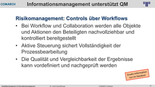 Qualitätsmanagement & Informationsmanagement COMARCH WebinarDr. Ulrich Kampffmeyer 57
© PROJECT CONSULT Unternehmensberatung Dr. Ulrich Kampffmeyer GmbH 2011 / Autorenrecht: <Vorname Nachname> Feb-16 / Quelle: PROJECT CONSULT 2
Informationsmanagement unterstützt QM
Risikomanagement: Controls über Workflows
• Bei Workflow und Collaboration werden alle Objekte
und Aktionen den Beteiligten nachvollziehbar und
kontrolliert bereitgestellt
• Aktive Steuerung sichert Vollständigkeit der
Prozessbearbeitung
• Die Qualität und Vergleichbarkeit der Ergebnisse
kann vordefiniert und nachgeprüft werden
 
