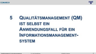 78
© PROJECT CONSULT Unternehmensberatung Dr. Ulrich Kampffmeyer GmbH 2011 / Autorenrecht: <Vorname Nachname> Feb-16 / Quelle: PROJECT CONSULT 3
COMARCH WebinarDr. Ulrich KampffmeyerQualitätsmanagement & Informationsmanagement
5 QUALITÄTSMANAGEMENT (QM)
IST SELBST EIN
ANWENDUNGSFALL FÜR EIN
INFORMATIONSMANAGEMENT-
SYSTEM
 