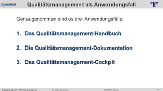 Qualitätsmanagement & Informationsmanagement COMARCH WebinarDr. Ulrich Kampffmeyer 79
© PROJECT CONSULT Unternehmensberatung Dr. Ulrich Kampffmeyer GmbH 2011 / Autorenrecht: <Vorname Nachname> Feb-16 / Quelle: PROJECT CONSULT 2
Qualitätsmanagement als Anwendungsfall
Genaugenommen sind es drei Anwendungsfälle:
1. Das Qualitätsmanagement-Handbuch
2. Die Qualitätsmanagement-Dokumentation
3. Das Qualitätsmanagement-Cockpit
 
