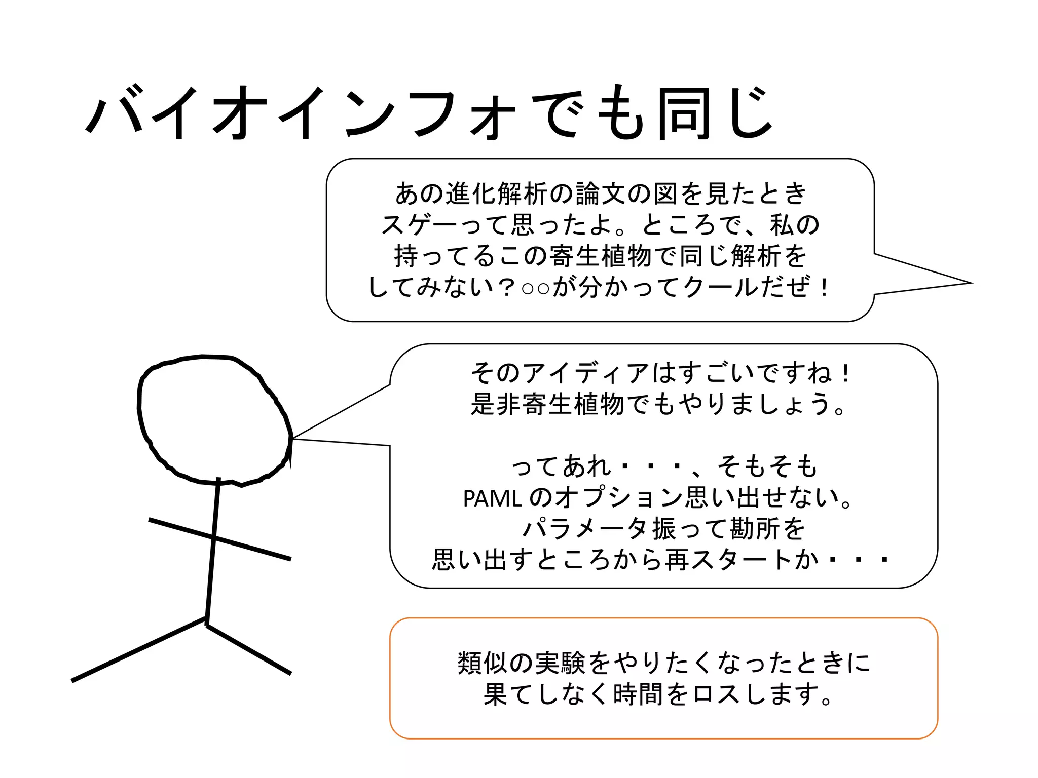 バイオインフォでも同じ
そのアイディアはすごいですね！
是非寄生植物でもやりましょう。
ってあれ・・・、そもそも
PAML のオプション思い出せない。
パラメータ振って勘所を
思い出すところから再スタートか・・・
類似の実験をやりたくなったときに
果てしなく時間をロスします。
あの進化解析の論文の図を見たとき
スゲーって思ったよ。ところで、私の
持ってるこの寄生植物で同じ解析を
してみない？○○が分かってクールだぜ！
 