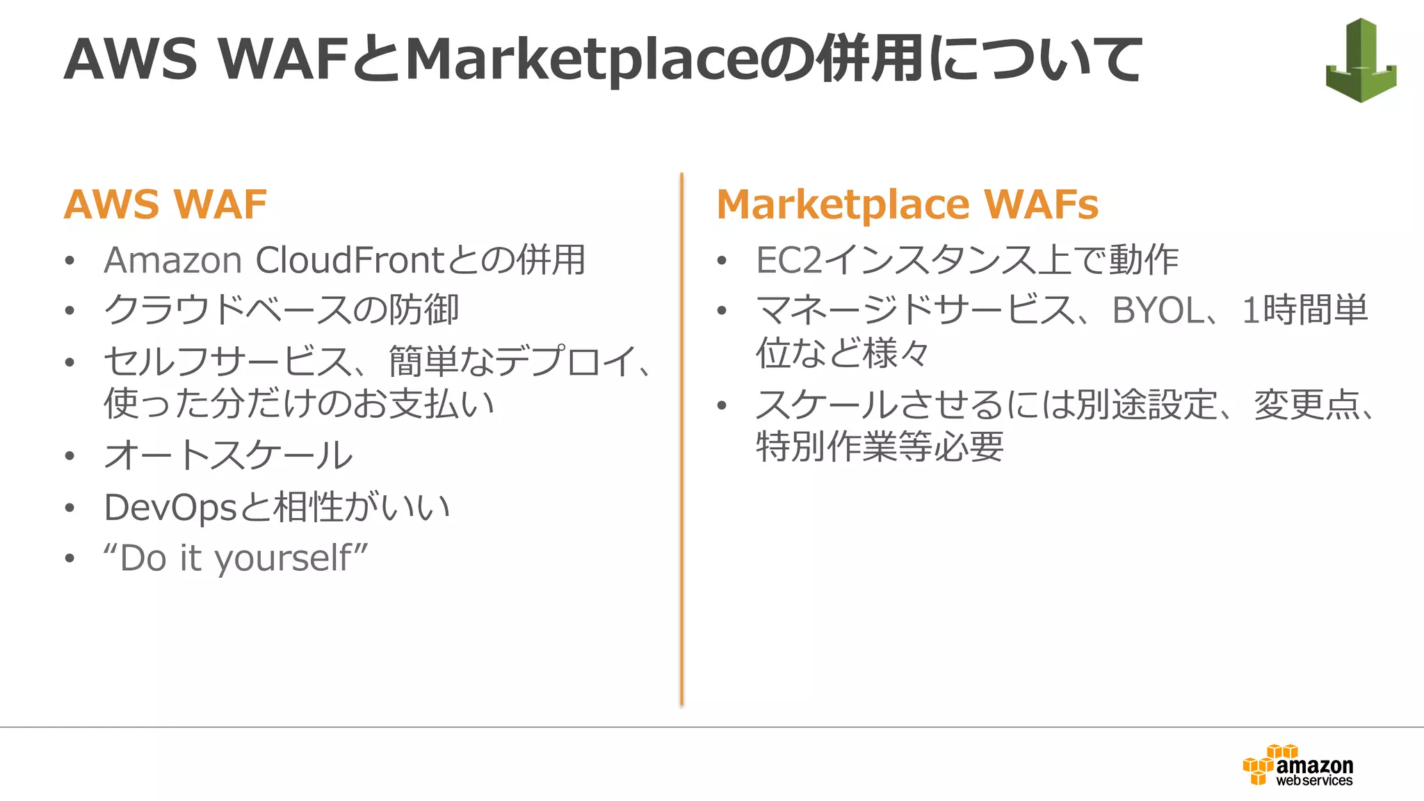 AWS WAF
•  Amazon CloudFrontとの併⽤
•  クラウドベースの防御
•  セルフサービス、簡単なデプロイ、
使った分だけのお⽀払い
•  オートスケール
•  DevOpsと相性がいい
•  “Do it yourself”
AWS WAFとMarketplaceの併⽤について
Marketplace WAFs
•  EC2インスタンス上で動作
•  マネージドサービス、BYOL、1時間単
位など様々
•  スケールさせるには別途設定、変更点、
特別作業等必要
 
