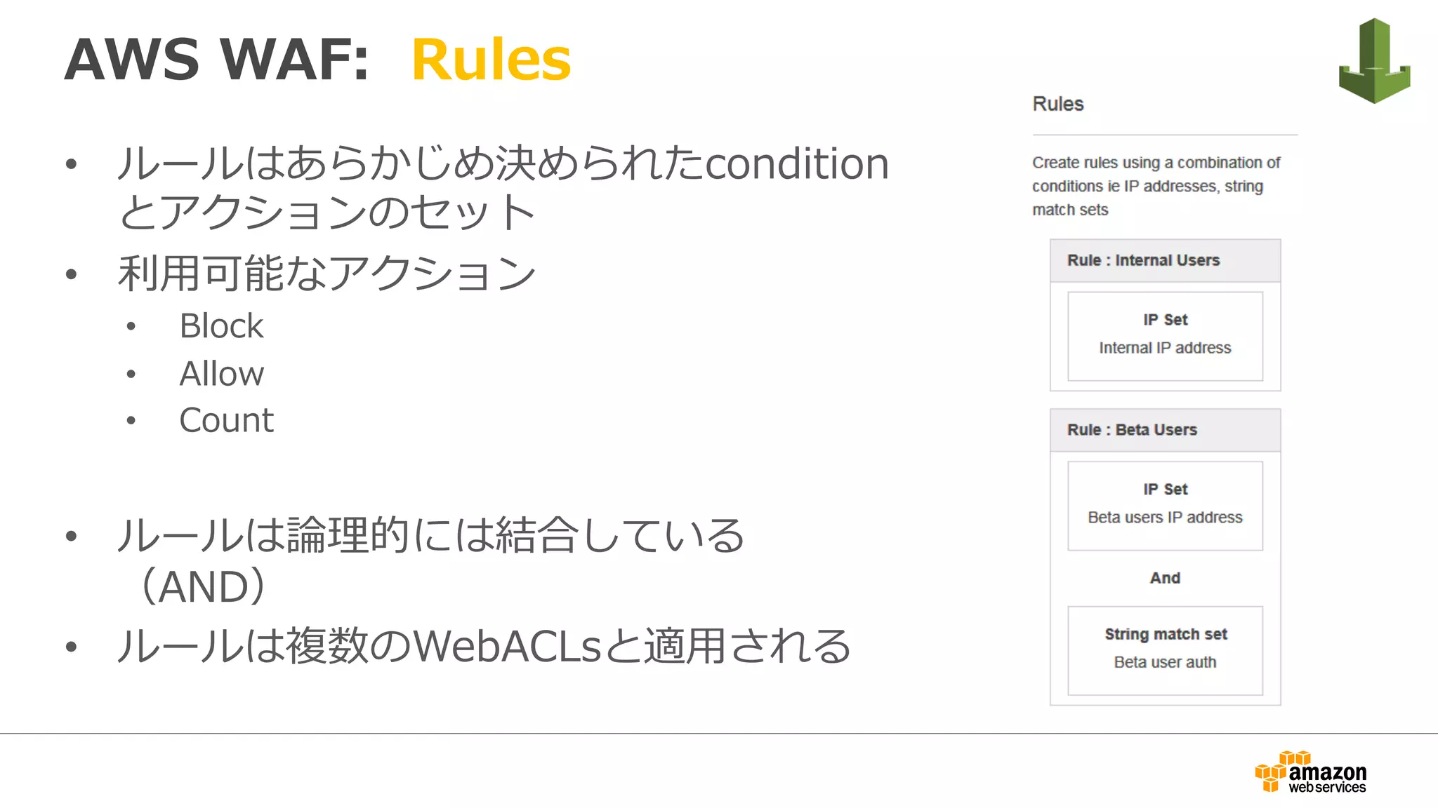 AWS WAF: Rules
•  ルールはあらかじめ決められたcondition
とアクションのセット
•  利⽤可能なアクション
•  Block
•  Allow
•  Count
•  ルールは論理的には結合している
（AND）
•  ルールは複数のWebACLsと適⽤される
 
