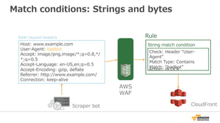 Match conditions: Strings and bytes
Host: www.example.com
User-Agent: badbot
Accept: image/png,image/*;q=0.8,*/
*;q=0.5
Accept-Language: en-US,en;q=0.5
Accept-Encoding: gzip, deﬂate
Referrer: http://www.example.com/
Connection: keep-alive
AWS
WAF
RAW request headers
CloudFront
Check: Header “User-
Agent”
Match Type: Contains
Match: “badbot”
Action: BLOCK
Rule
String match condition
Scraper bot
 