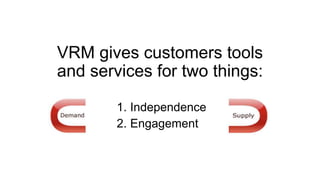 VRM gives customers tools
and services for two things:
1. Independence
2. Engagement
 