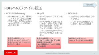 Copyright © 2015, Oracle and/or its affiliates. All rights reserved. |
• HDFS NFS Gateway
– NFS Mountにより、通常の
ファイルシステムと同様
の操作感。ただしrandom
writeはサポートされない
ので要注意
• HttpFS
– HTTPでHDFSへファイルを
送受信
– HTTPアクセスできればよ
いので、クライアント側
に特別な設定・ソフト
ウェアは不要。クライア
ントはGatewayサーバーに
HTTPでアクセスできれば
よい
27
• HDFS API
– JavaやCなどのAPI経由での
アクセス
– プロキシなどを経由しな
いので、もっとも高速
HDFSへのファイル転送
典型的な利用シーン:
管理用シェルスクリプトなど
通常のOSコマンドで、HDFSを
操作したい場合
典型的な利用シーン:
- クライアント側にライブラリ等
を配置できない場合
- APIが提供されていない言語
からの利用
典型的な利用シーン:
- Java, Cプログラムからの利用
HDFS API
 