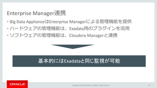 Copyright © 2015, Oracle and/or its affiliates. All rights reserved. |
Enterprise Manager連携
• Big Data ApplianceはEnterprise Managerによる管理機能を提供
• ハードウェアの管理機能は、Exadata用のプラグインを流用
• ソフトウェアの管理機能は、Cloudera Managerと連携
64
基本的にはExadataと同じ監視が可能
 