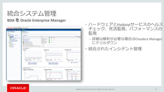 Copyright © 2015, Oracle and/or its affiliates. All rights reserved. |
統合システム管理
BDA を Oracle Enterprise Manager
• ハードウェアとHadoopサービスのヘルス
チェック、死活監視、パフォーマンスの
監視
– 詳細な解析が必要な場合はCloudera Manager
にドリルダウン
• 統合されたインシデント管理
65
 
