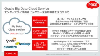 Copyright © 2015, Oracle and/or its affiliates. All rights reserved. |
Oracle Big Data Cloud Service
エンタープライズ向けビッグデータ活用環境をクラウドで
71
Big Data
Cloud Service
高パフォーマンスかつセキュアな
最新の Hadoop の専用環境をご提供
必要に応じて柔軟なスケールアップ/ダウンも可能
高パフォーマンス
な専用環境
オラクルの最新ビッグデータ活用製品も含有
単なるインフラ層のコストや管理コスト削減
だけでなく、ソフトウェアも含めたTCO削減が可能
ビッグデータ活用
のための製品も
含有
Oracle Big Data SQL Cloud Service により
RDBMS, Hadoop, NoSQL にSQLでアクセス可能
クラウド上で総合的な
ビッグデータ管理システムを実現
SQL一つで
全てのデータを
活用可能
 