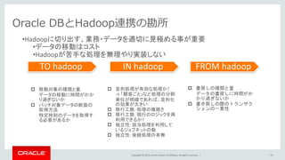 Copyright © 2015, Oracle and/or its affiliates. All rights reserved. |
Oracle DBとHadoop連携の勘所
 移動対象の種類と量
データの移動に時間がかか
り過ぎないか
 バッチ対象データの断面の
取得方法
特定時刻のデータを取得す
る必要があるか
 並列処理が有効な処理か?
→ 「顧客ごと」など処理の分割
単位が明確であれば、並列化
の効果が大きい
 移行工数: 処理の複雑さ
 移行工数: 現行のロジックを再
利用できるか?
 独立性: 該当処理を利用して
いるジョブネットの数
 独立性: 後続処理の有無
 書戻しの種類と量
データの書戻しに時間がか
かり過ぎないか
 書き戻しの際のトランザク
ションの一貫性
TO hadoop IN hadoop FROM hadoop
•Hadoopに切り出す、業務・データを適切に見極める事が重要
•データの移動はコスト
•Hadoopが苦手な処理を無理やり実装しない
74
 
