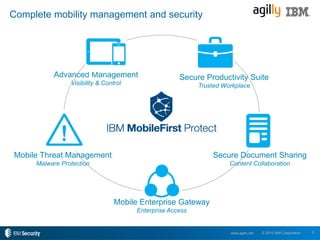 3© 2015 IBM Corporationwww.agilly.net
Complete mobility management and security
Advanced Management
Visibility & Control
Secure Productivity Suite
Trusted Workplace
Secure Document Sharing
Content Collaboration
Mobile Threat Management
Malware Protection
Mobile Enterprise Gateway
Enterprise Access
 