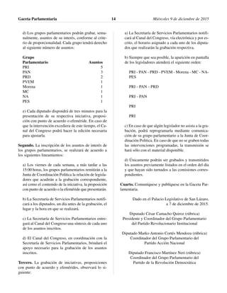 d) Los grupos parlamentarios podrán grabar, sema-
nalmente, asuntos de su interés, conforme al crite-
rio de proporcionalidad. Cada grupo tendrá derecho
al siguiente número de asuntos:
Grupo
Parlamentario Asuntos
PRI 5
PAN 3
PRD 2
PVEM 1
Morena 1
MC 1
NA 1
PES 1
e) Cada diputado dispondrá de tres minutos para la
presentación de su respectiva iniciativa, proposi-
ción con punto de acuerdo o efeméride. En caso de
que la intervención excediera de este tiempo, el Ca-
nal del Congreso podrá hacer la edición necesaria
para ajustarla.
Segundo. La inscripción de los asuntos de interés de
los grupos parlamentarios, se realizará de acuerdo a
los siguientes lineamientos:
a) Los viernes de cada semana, a más tardar a las
15:00 horas, los grupos parlamentarios remitirán a la
Junta de Coordinación Política la relación de legisla-
dores que acudirán a la grabación correspondiente,
así como el contenido de la iniciativa, la proposición
con punto de acuerdo o la efeméride que presentarán.
b) La Secretaría de Servicios Parlamentarios notifi-
cará a los diputados, un día antes de la grabación, el
lugar y la hora en que se realizará.
c) La Secretaría de Servicios Parlamentarios entre-
gará al Canal del Congreso una síntesis de cada uno
de los asuntos inscritos.
d) El Canal del Congreso, en coordinación con la
Secretaría de Servicios Parlamentarios, brindará el
apoyo necesario para la grabación de los asuntos
inscritos.
Tercero. La grabación de iniciativas, proposiciones
con punto de acuerdo y efemérides, observará lo si-
guiente:
a) La Secretaría de Servicios Parlamentarios notifi-
cará al Canal del Congreso, vía electrónica y por es-
crito, el horario asignado a cada uno de los diputa-
dos que realizarán la grabación respectiva.
b) Siempre que sea posible, la aparición en pantalla
de los legisladores atenderá el siguiente orden:
PRI - PAN - PRD - PVEM - Morena - MC - NA-
PES
PRI - PAN - PRD
PRI - PAN
PRI
PRI
c) En caso de que algún legislador no asista a la gra-
bación, podrá reprogramarla mediante comunica-
ción de su grupo parlamentario a la Junta de Coor-
dinación Política. En caso de que no se graben todas
las intervenciones programadas, la transmisión se
hará sólo con el material disponible.
d) Únicamente podrán ser grabados y transmitidos
los asuntos previamente listados en el orden del día
y que hayan sido turnados a las comisiones corres-
pondientes.
Cuarto. Comuníquese y publíquese en la Gaceta Par-
lamentaria.
Dado en el Palacio Legislativo de San Lázaro,
a 7 de diciembre de 2015.
Diputado César Camacho Quiroz (rúbrica)
Presidente y Coordinador del Grupo Parlamentario
del Partido Revolucionario Institucional
Diputado Marko Antonio Cortés Mendoza (rúbrica)
Coordinador del Grupo Parlamentario del
Partido Acción Nacional
Diputado Francisco Martínez Neri (rúbrica)
Coordinador del Grupo Parlamentario del
Partido de la Revolución Democrática
Gaceta Parlamentaria Miércoles 9 de diciembre de 201514
 