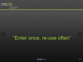 “Enter once, re-use often”
orcid.org 30
 