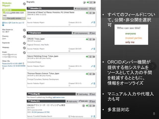 orcid.org 8
• すべてのフィールドについ
て、公開・非公開を選択
可
• ORCIDメンバー機関が
提供する他システムを
ソースとして入力の手間
を軽減するとともに、
情報をオーソライズ
• マニュアル入力や代理入
力も可
• 多言語対応
 
