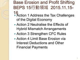 Base Erosion and Profit Shifting
BEPS 15行動領域 2015.11.15-
16
 Action 1 Address the Tax Challenges
of the Digital Economy
 Action 2 Neutralise the Effects of
Hybrid Mismatch Arrangements
 Action 3 Strengthen CFC Rules
 Action 4 Limit Base Erosion via
Interest Deductions and Other
Financial Payments
3
 