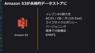 Amazon S3が永続的データストアに
イレブン9の耐久性
$0.03 / GB / 月 (US-East)
ライフサイクルポリシー
バージョニング
標準で分散構成
EMRFSAmazon S3
 