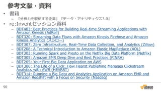 90
参考文献・資料
• 書籍
– 『分析力を駆使する企業』『データ・アナリティクス3.0』
• re:Inventセッション資料
– BDT403: Best Practices for Building Real-time Streaming Applications with
Amazon Kinesis (AdRoll)
– BDT320: Streaming Data Flows with Amazon Kinesis Firehose and Amazon
Kinesis Analytics (スシロー)
– BDT307: Zero Infrastructure, Real-Time Data Collection, and Analytics (Zillow)
– BDT208: A Technical Introduction to Amazon Elastic MapReduce (AOL)
– BDT303: Running Spark and Presto on the Netflix Big Data Platform (Netflix)
– BDT305: Amazon EMR Deep Dive and Best Practices (FINRA)
– BDT205: Your First Big Data Application on AWS
– BDT306: The Life of a Click: How Hearst Publishing Manages Clickstream
Analytics with AWS (HEARST)
– BDT314: Running a Big Data and Analytics Application on Amazon EMR and
Amazon Redshift with a Focus on Security (Nasdaq)
 