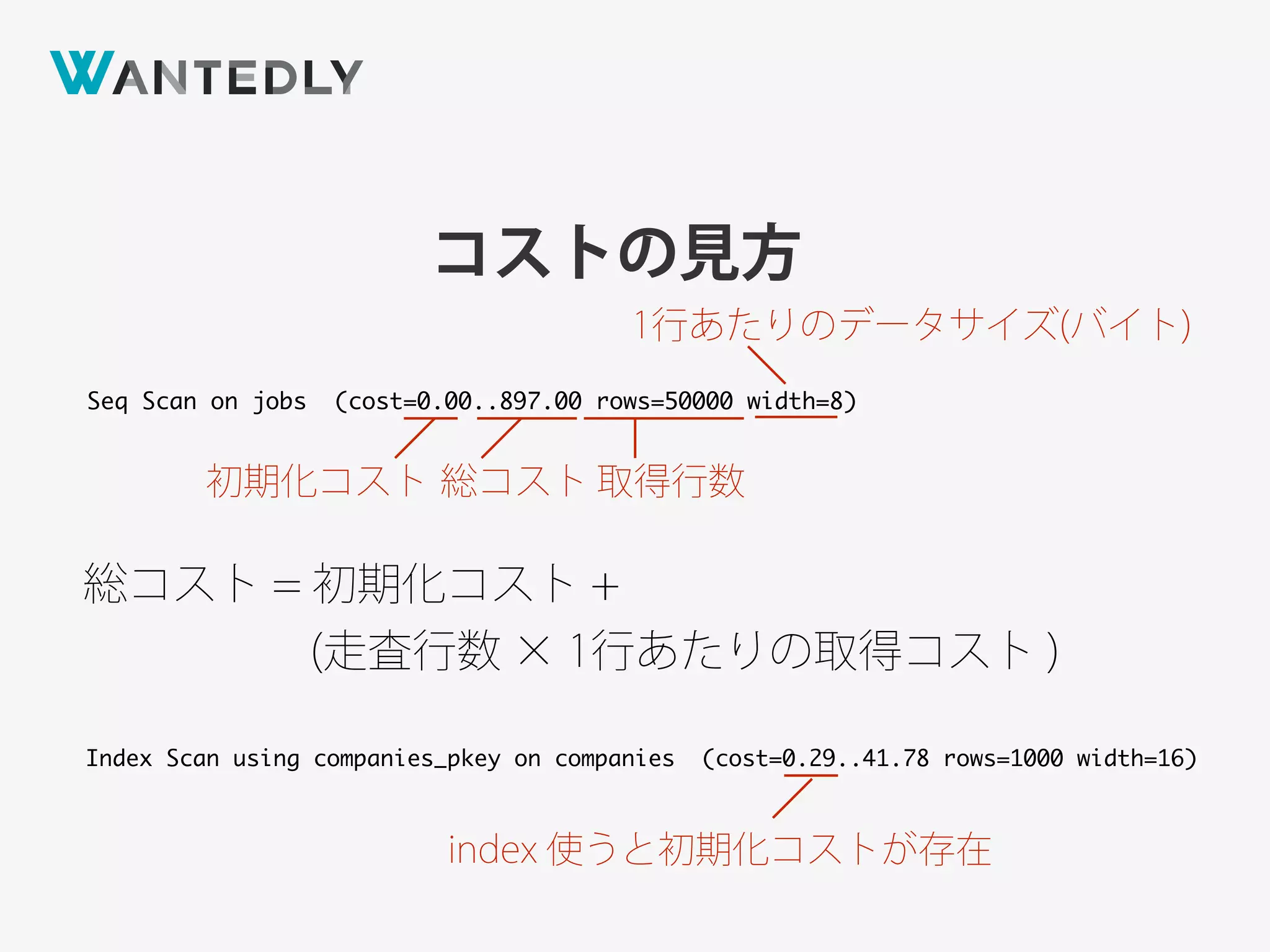 コストの見方
Seq Scan on jobs (cost=0.00..897.00 rows=50000 width=8)
Index Scan using companies_pkey on companies (cost=0.29..41.78 rows=1000 width=16)
初期化コスト 総コスト 取得行数
1行あたりのデータサイズ(バイト)
総コスト = 初期化コスト +
(走査行数 × 1行あたりの取得コスト )
index 使うと初期化コストが存在
 